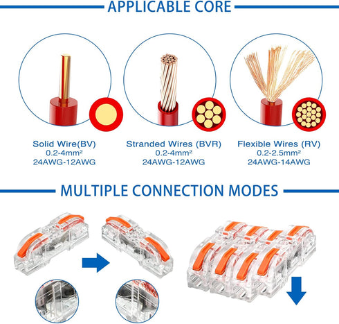50 Pcs Lever Wire Connector Compact Wire Connectors Single Wire Connectors Assortment Splicing Connectors for 28 - 12 AWG(Clear, Orange)