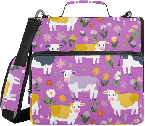 ALAZA 3 Ring Zipper Binder Milk Cow Wildflowers Binders Bag with Shoulder Strap