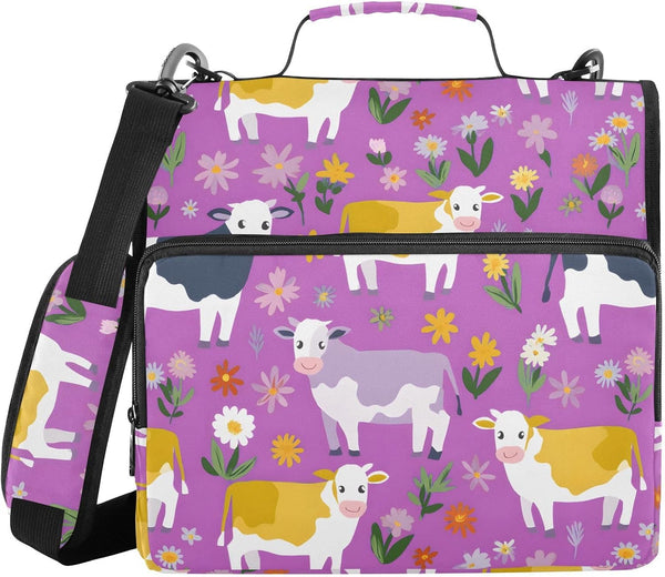 ALAZA 3 Ring Zipper Binder Milk Cow Wildflowers Binders Bag with Shoulder Strap