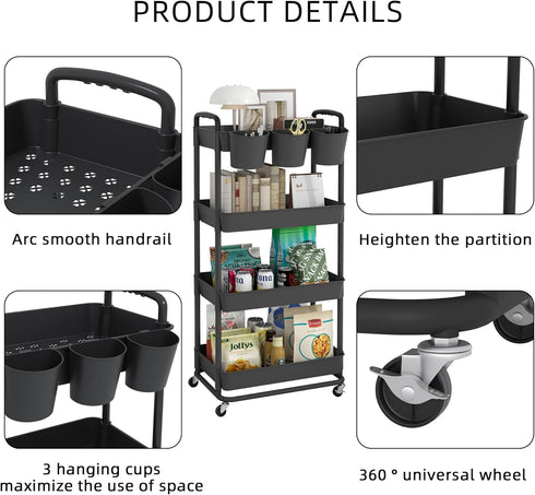 JIUYOTREE 4-Tier Plastic Rolling Storage Cart, Utility Cart with Extra Hanging Cups and Lockable Wheels for Living