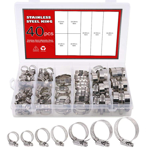 Hose Clamp Kit - 40 Piece 307 Stainless Steel Assortment, 6-38mm Adjustable Pipe Clamps for Automotive and Plumbing
