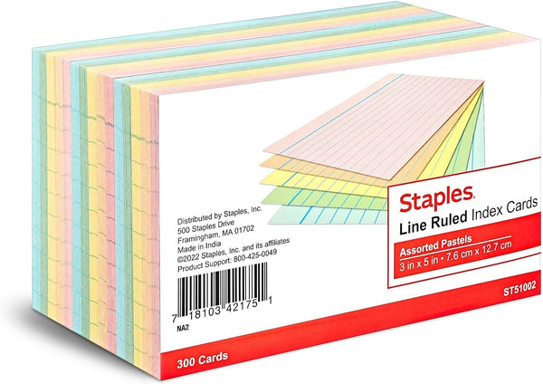 STAPLES Ruled 3 X 5 Index Cards, Assorted Pastel, 300/Pack