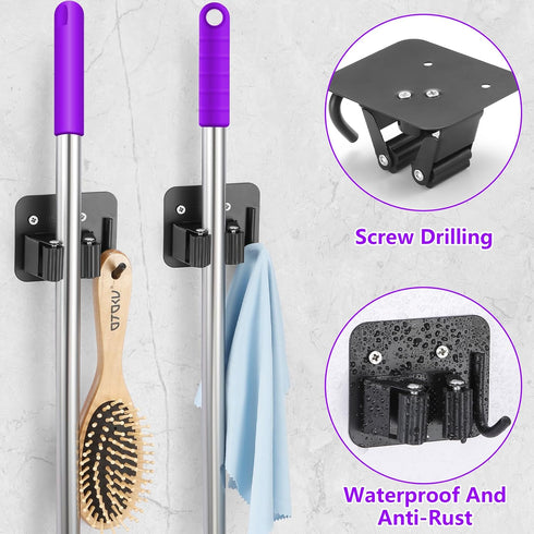 YUWANTING 4 4 Stainless Steel Broom Holder, Heavy Duty, Rust Resistant, Gripper Positions with Hooks, Black