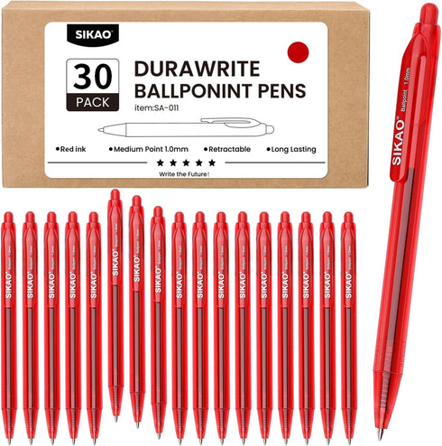 Red Pens Bulk | 30 Pack Durawrite Retractable Ballpoint Pens, Smooth Writing 1.0mm Red Ink for School Office Supplies