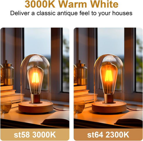 4W LED Dimmable Edison Light Bulbs, ST58 Amber Glass, 2700K Warm White, E26 Base Pack of 6