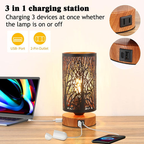 Bulb Table Lamp for Night Stands, Bedside Lamp with USB Port and Outlet, Touch Lamps for Bedroom, Bed lamp with Metal