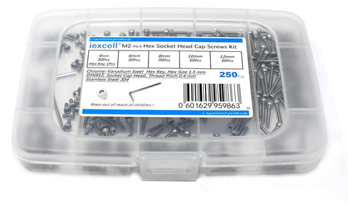 iexcell 250 Pcs M2 Stainless Steel 304 Hex Socket Head Cap Screws Bolts Assortment Kit, 4/6/8/10/12mm