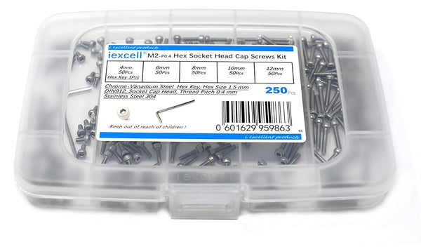 iexcell 250 Pcs M2 Stainless Steel 304 Hex Socket Head Cap Screws Bolts Assortment Kit, 4/6/8/10/12mm