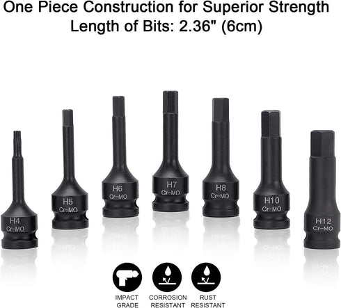 3/8 Inch 4/5/6/7/8/10/12 MM Set, 7 Drive Hex Bits Impact Allen Socket Piece Cr-Mo One-Piece Construction Metric Hex
