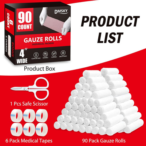 90 Pack, 4 4.1 Mummy DMSKY Gauze Rolls in x Yards, Individually Wrapped Gauze Wrap Roll for Wounds,Premium Rolled Gauze