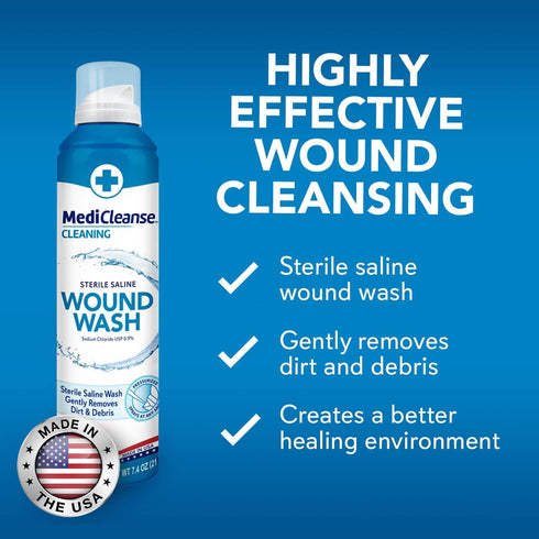 7.4 oz (Pack 3) MediCleanse First Aid Sterile Saline Wound Wash, Promotes Healing, No Stinging or Burning, of - Made