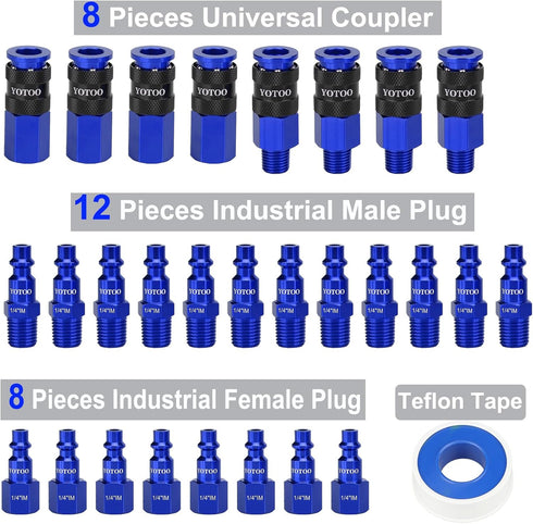 YOTOO 29 Pcs Universal Air Coupler and Industrial Plug Kit, Durable Aluminum Quick Connect Air Hose Fittings, Blue