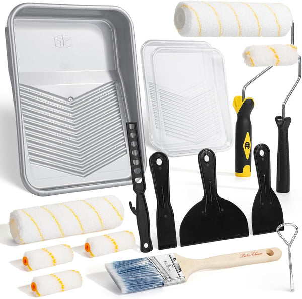 Bates- 9 Inch Paint Roller Kit, 17 pcs, Plastic Paint Tray, Clear