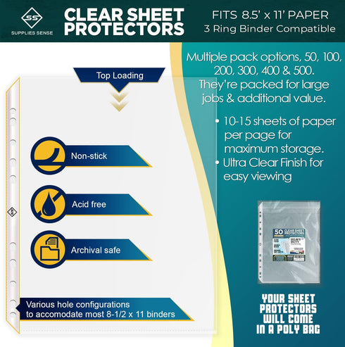 Premium Clear Plastic Sheet Protectors for 3 Ring Binder, 8.5 x 11, 50 Sleeves for Paper & Documents
