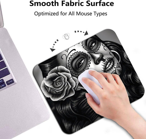 Vintage Sugar Skull Girl Image Gaming Mouse Pad, Custom Rectangle, Retro Black Grey White Large