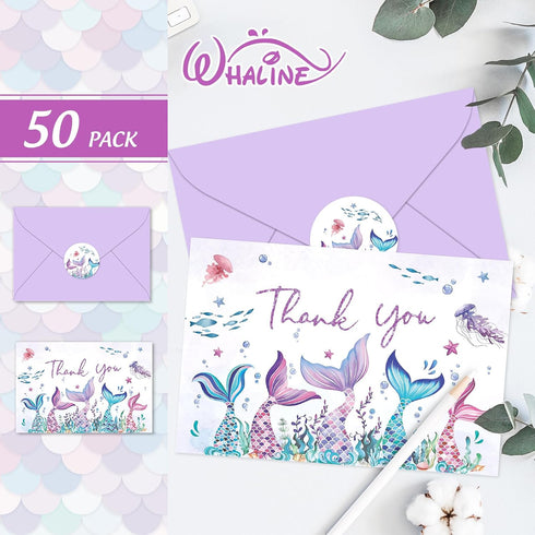 50 4 6 Inch Whaline Pcs Mermaid Thank You Cards Greeting Cards Purple Glitter Boxed Blank Note Card with Envelope