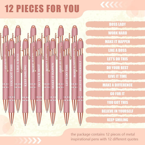 Zonon 12 Pieces Inspirational Quotes Ballpoint Pens with Stylus Tip, Fine Point Smooth Writing Metal Pens (Rose Gold)