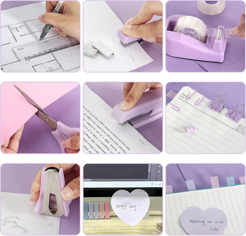 Office Supplies Set, Purple Stapler and Tape Dispenser with Staple Remover, 1000 Staples, Clips, Tape, Scissor, Tabs,