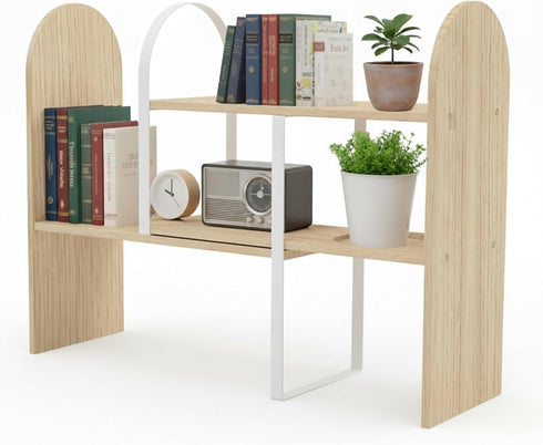 Maplefield Desk Hutch Expandable Shelf Organizer, Natural Finish, Engineered Wood Desktop Storage