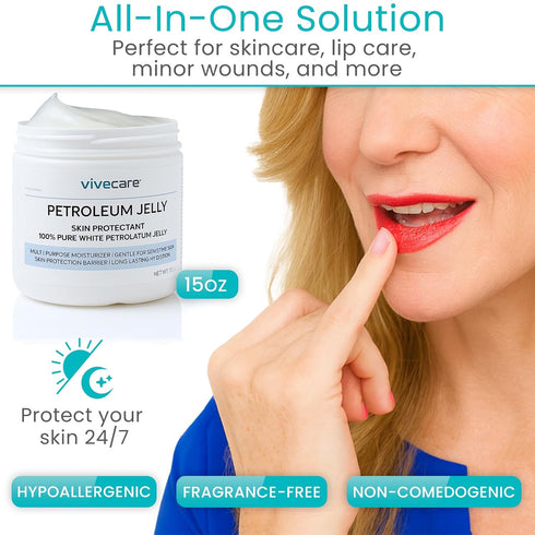 15oz 100% (15oz) Vivecare Petroleum Jelly - Pure White Petrolatum Skin Protectant - Moisturizer for Dry, Cracked Skin