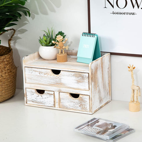 ZHWS Rustic Distressed White 3-Tier Wood Desk Organizer, Mini Desk Storage Shelf with 3 Drawers for Office Supplies