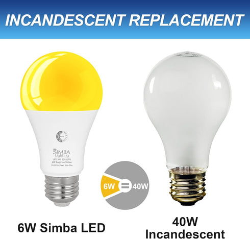 Bulb 6W 40W (2 Pack), A19 E26 Simba Lighting Bug Non-Attracting Yellow LED Equivalent Great for Outdoor Porch Light