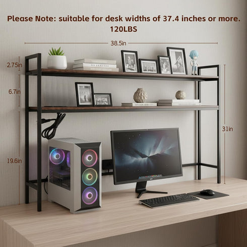 Rotulark 38.5" 2-Tier Desk Shelf with Outlets, Adjustable Multipurpose Engineered Wood Organizer Desk Hutch, Office