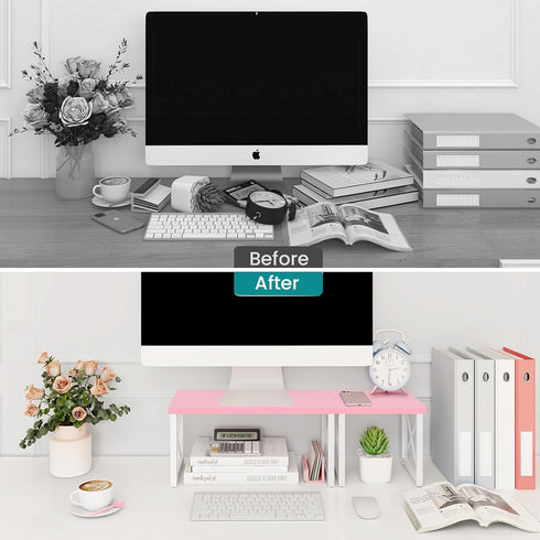 ELITEROO 2 Tier Desktop Shelf - Independent Stackable Desk Stand, Adjustable Freestanding Mini Bookshelf, Pink