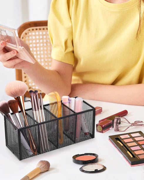 QYH Pencil Holder with 4 Compartments, Metal Mesh Storage Cup for Office Desk Accessories, Makeup Brushes
