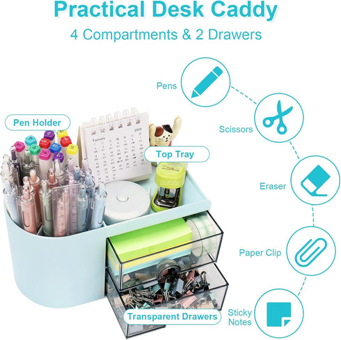 Desk Organizer with Drawer, Pen Organizer for Desk, Small Pencil Holder with 2 Drawers + 4 Compartments (Blue)