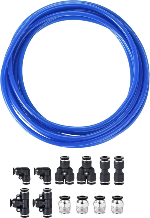 uxcell Pneumatic 6mm OD PU Air Hose Tubing Kit, 5 Meters Blue with 12 Pcs Black Push to Connect Fittings