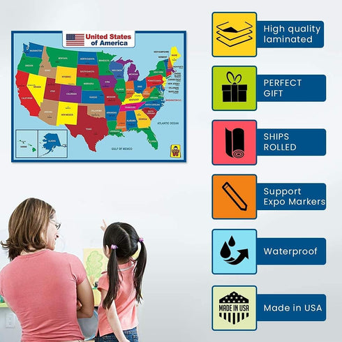 United States Map Laminated Poster, Double-Sided Educational Poster for Kids/Adults, 18 x 24 inch Waterproof Map