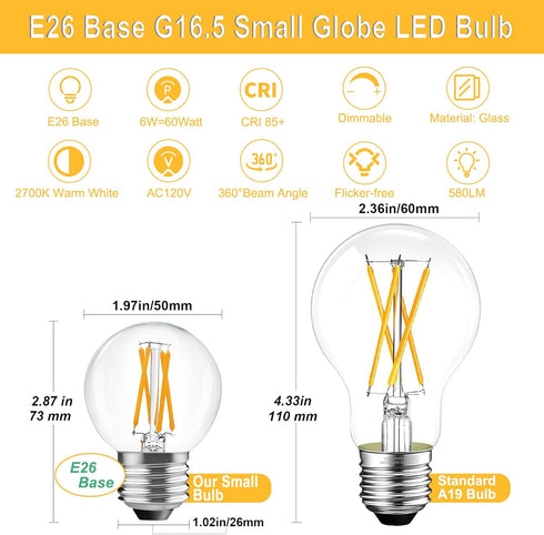 10 Pack G16.5 Bulbs Dimmable,Small Bulbs,E26 6W 60 580lm, 2700K White,AC120V,Flicker Chandelier1.97" 2.87" BRIMAX Light