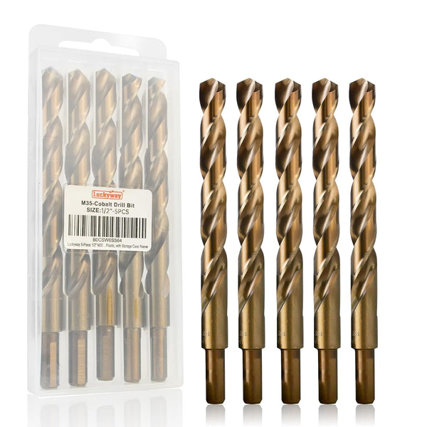 Luckyway 5-Piece 1/2" M35 Cobalt Drill Bits Set, Jobber Length for Hard Metal and Wood