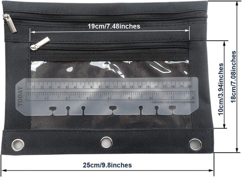 Enyuwlcm 3 Ring Binder Pencil Pouch - Durable Zipper Pencil Case with Clear Window, 2 Pocket Black Canvas, 4 Pack