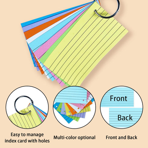 TFLFL 3x5 Inch, 300PCS 8 Index Paper Cards Flash Cards with Rings, Thin Paper Colors Ruled Index Cards, Assorted Lined