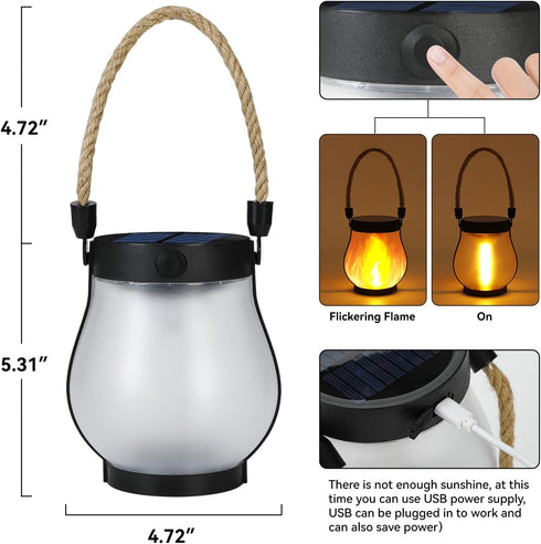 HuiZhen 2 Pack Solar Lanterns Outdoor Waterproof, Hanging Solar Lights for Outside, Flickering Flame Hanging Lanterns