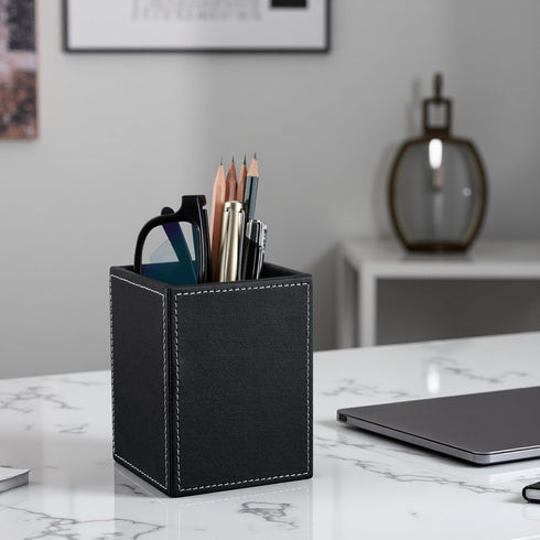 KINGFOM PU Leather Square Pens Pencils Holder - Desktop Organizer Case (Black)