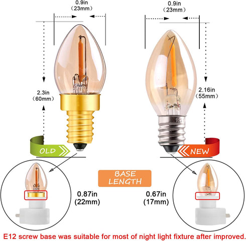 C7 LED Night Light Bulb, E12 Candle Base, 0.5 Watts LED Filament, 4W 5W Equivalent, Pack of 2