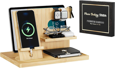 Semiocthome Wood Phone Docking Station with Separate Phone Stand, Bedside Organiser Desk Organiser Presents for Him