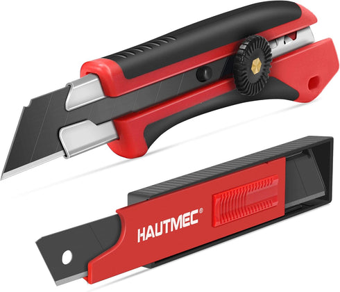 HAUTMEC 25mm Heavy-Duty Utility Knife with 10pcs Blade Set, Multi-Purpose Snap-off Cutter, Reinforced Handle