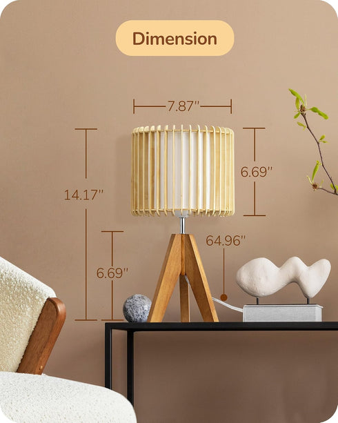 14.17" E26 EDISHINE Small Table Lamp, Wood Tripod Bedside Lamp, Natural Wood-Colored Hollow & White PVC Shade, Base