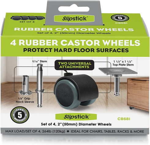 Slipstick CB681 Rubber Caster Wheels, 2 Inch Floor Protector, Set of 4, Black/Gray Green