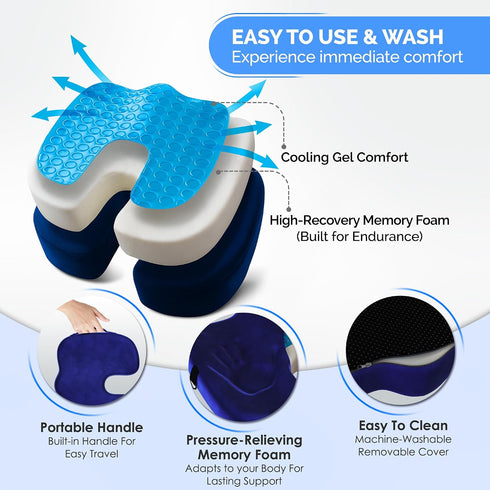 Gel Seat Cushion Navy Blue Flannel Pillow with Velvet Removable Cover Ergonomic Sponge Support for Office