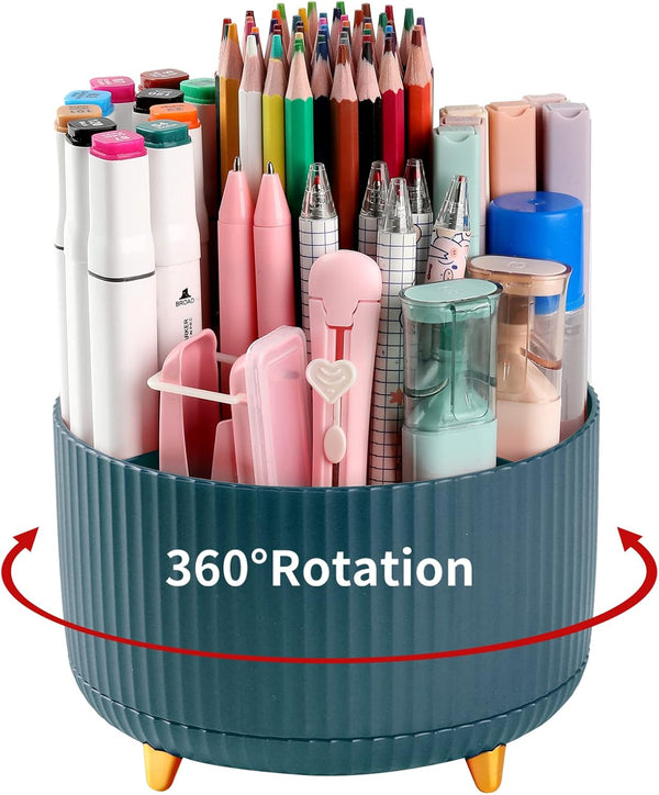 Desk Pencil Pen Holder, 5 Slots 360° Degree Rotating Organizer for Desk, Cute Pencil Cup for Office, Dark Green