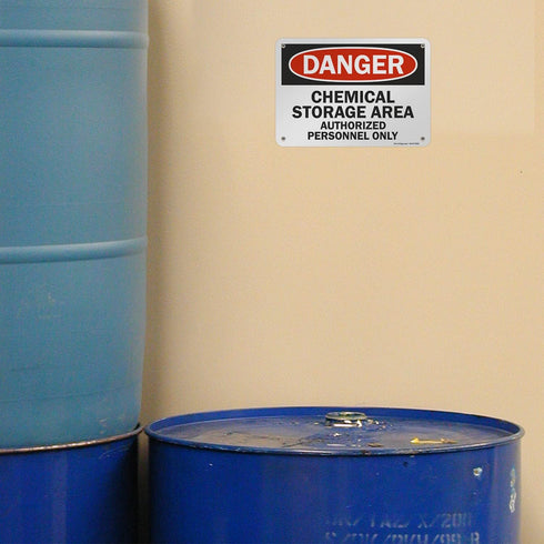 SmartSign - U9-1214-NA_7x10 "Danger - Chemical Storage Area, Authorized Personnel Only" Sign, Aluminum Black/Red on