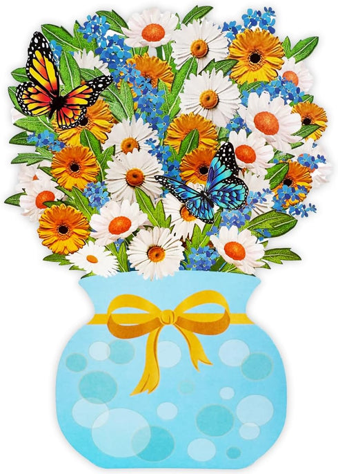 Caughttui Blue Daisy Pop Up Card - 3D Floral Vase Card, Paper Flower