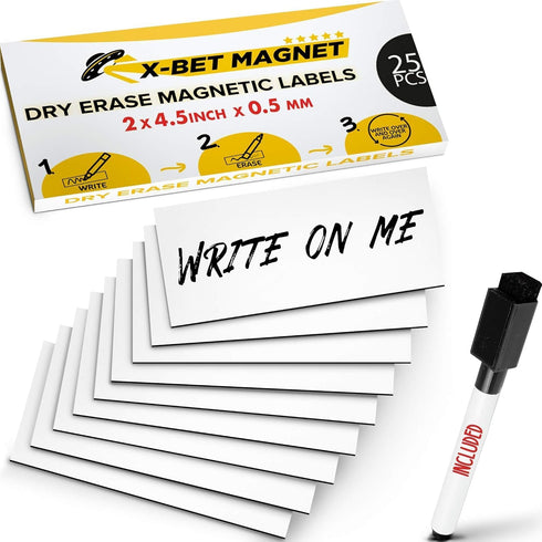 Dry Erase Magnetic Labels - Reusable Sticky Notes for Refrigerator (White, 25)