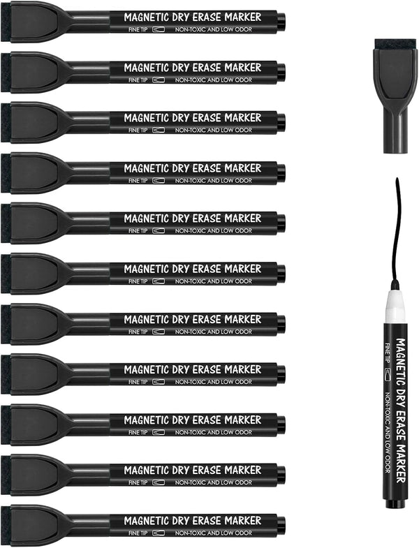 maxtek Black Fine Tip Magnetic Dry Erase Markers, Low Odor Whiteboard Markers with Eraser for Kids and Calendar Boards