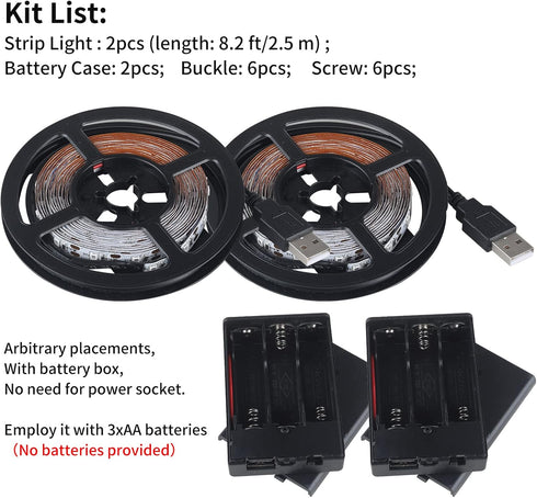 16.4ft 8.2ft 2 USB LED Light Strip White with Battery Box (Batteries Not Included), Daylight Under Cabinet Strip Lights